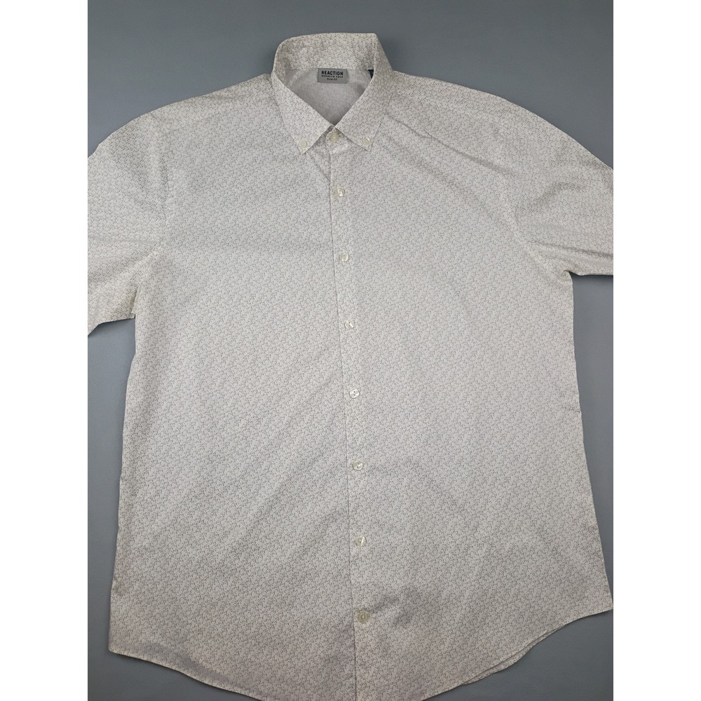 Kenneth Cole Reaction Mens Slim Fit Stretch Shirt White Black Micro Print L 16.5